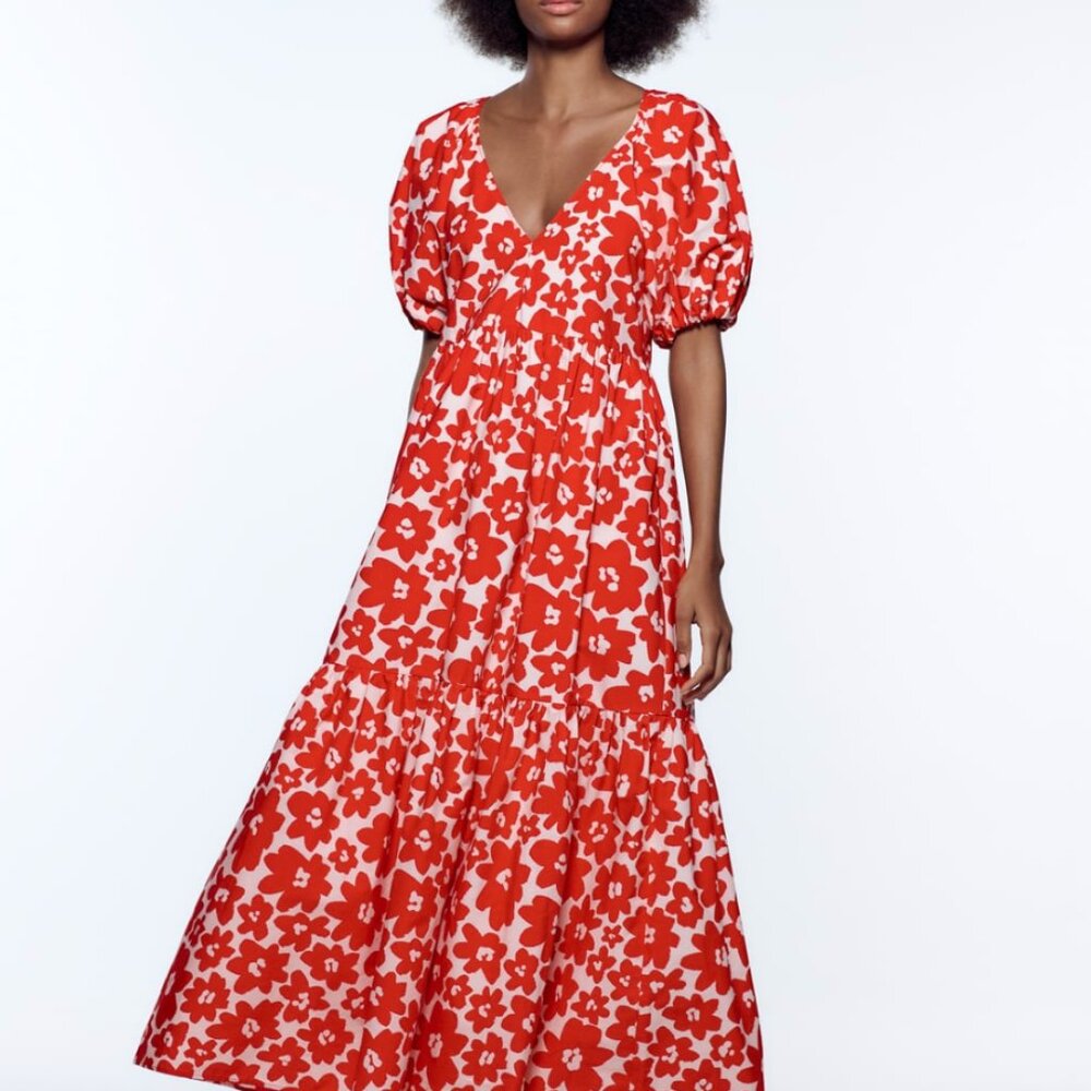 Zara Red and White Floral Maxi Dress